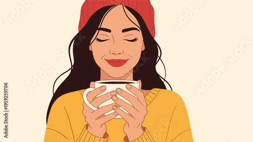 Peaceful young woman enjoying a warm cup of coffee or tea during winter while wearing a red beanie and cozy sweater.