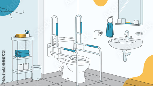 Modern accessible bathroom interior featuring a toilet with safety handrails and a sink designed for elderly or disabled users.
