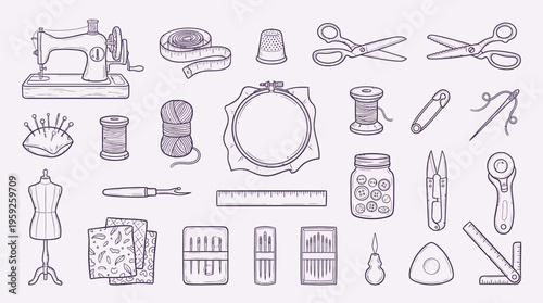 A collection of sewing and tailoring tools and supplies, including a sewing machine, mannequin, fabric, needles, thread, scissors, and measuring tools.