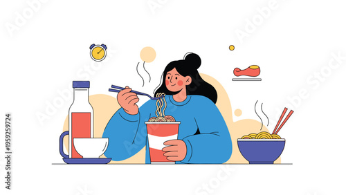 Happy young woman enjoying a quick meal of instant noodles while sitting at a table with other food options nearby.