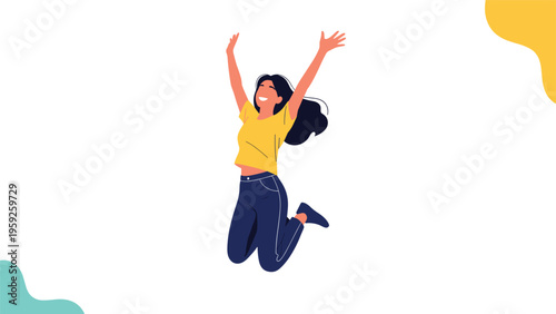 Happy young woman jumping high in the air with her arms raised to celebrate a moment of pure joy and success in a white room.