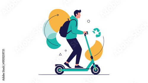 Modern young man commuting through the city on an eco-friendly electric scooter while wearing a backpack and casual clothes.