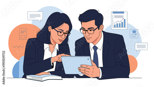 Professional business colleagues collaborating on a project while reviewing digital data on a tablet in a modern office.