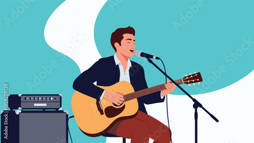 Talented male musician performing live while playing an acoustic guitar and singing into a microphone on stage.
