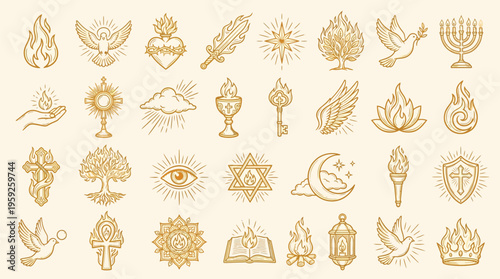 Collection of Golden Religious and Spiritual Symbols, Icons, and Emblems on a Cream Background.