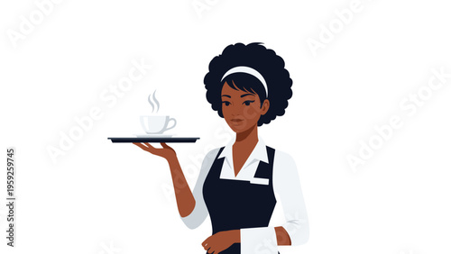 Professional waitress in a black apron and headband serving a hot cup of coffee on a tray with a friendly expression.
