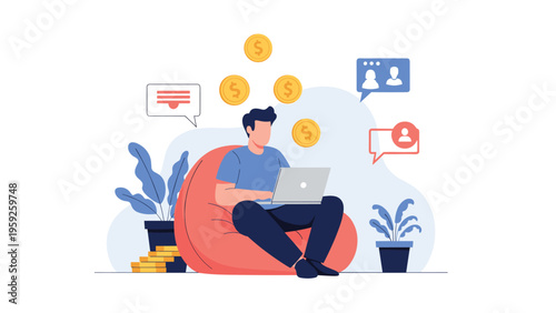 Successful entrepreneur working on a laptop while sitting on a bean bag chair with floating money icons symbolizing profit.