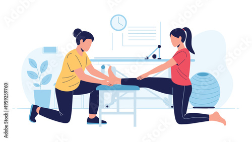 Professional physiotherapist assisting a young female athlete with leg stretching exercises in a medical rehabilitation center.