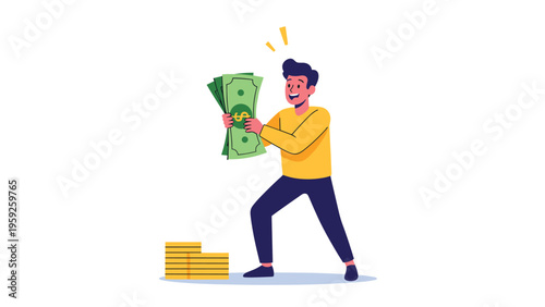 Excited man celebrating his financial success while holding a large stack of cash bills next to piles of gold coins.