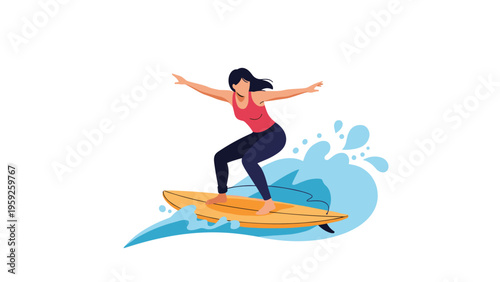 Active woman enjoying a thrilling surfing session on a large blue ocean wave under a bright summer sun.