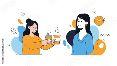 Two female friends having a pleasant conversation while sharing coffee in paper cups during a casual meeting.