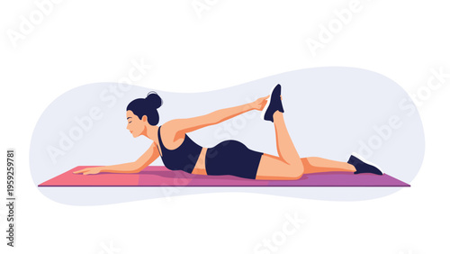 Fit young woman performing a back-stretching yoga pose on a pink exercise mat in a bright and peaceful studio.