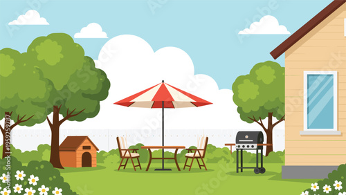 Beautiful backyard garden featuring a green lawn, dog house, outdoor dining table with umbrella, and a barbecue grill.
