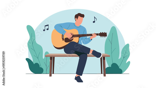 Relaxed man sitting on a wooden park bench and playing an acoustic guitar surrounded by green trees and music notes.