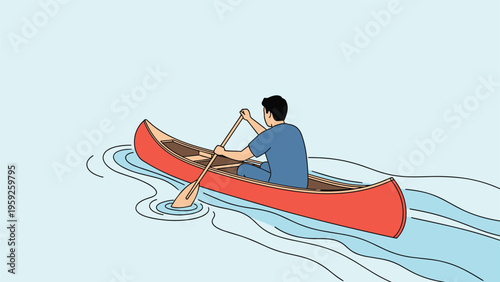 Active man rowing a red canoe through the calm waters of a lake during a peaceful outdoor adventure.