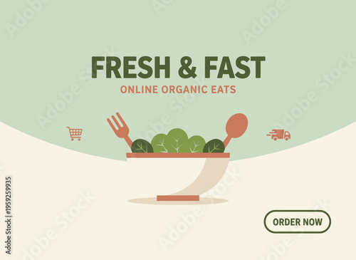 A vibrant online advertisement displays fresh organic food on a plate with utensils.