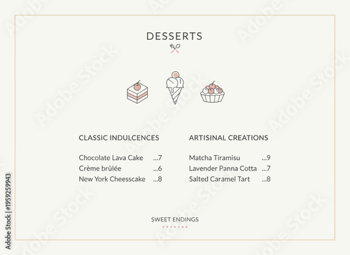 A variety of classic and artisanal desserts on display including cake and ice cream