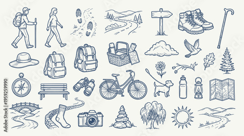 A comprehensive collection of hand-drawn illustrations depicting various elements associated with outdoor activities, hiking, and nature exploration.