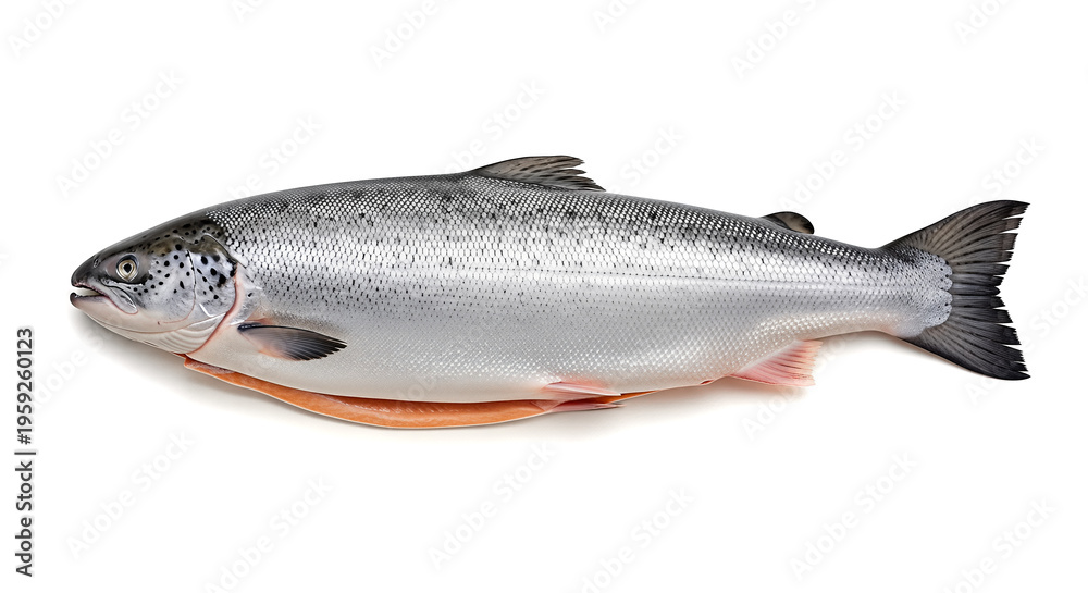 Obraz premium Fresh whole raw salmon fish lying isolated on clean white background prepared for cooking delicious healthy seafood diet meal in fine dining restaurant
