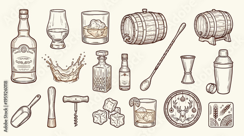 A comprehensive collection of vintage-style illustrations depicting various elements related to whiskey, including bottles, glasses, barrels, and bar tools.