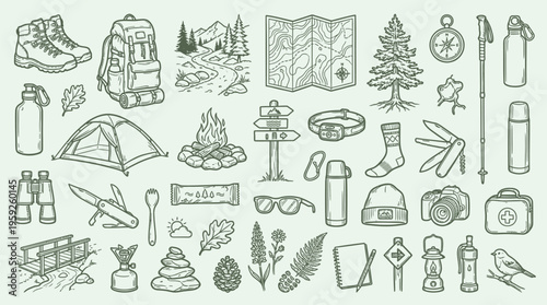 A comprehensive collection of hand-drawn illustrations depicting essential gear and elements for outdoor adventures and camping trips.