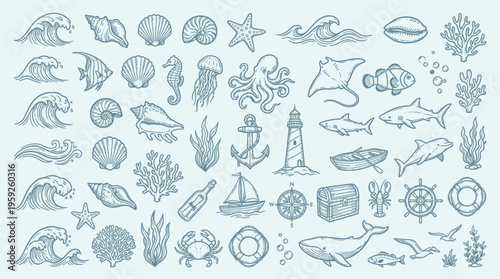 A comprehensive collection of hand-drawn nautical and marine life illustrations, featuring waves, shells, sea creatures, and maritime objects.