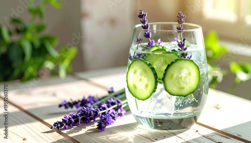 Refreshing Lavender Gin and Tonic Cocktail with Cucumber Slices on a Sunlit Garden Table