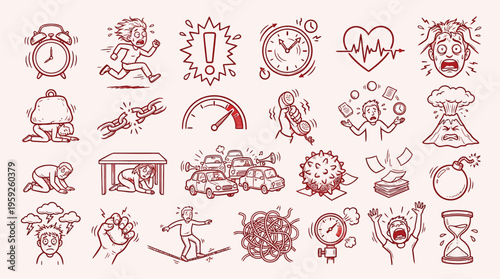 A collection of hand-drawn icons illustrating various stressful situations, time pressure, and mental overload.