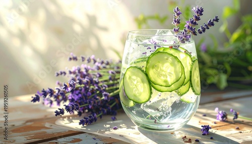 Refreshing Lavender Gin and Tonic Cocktail with Cucumber Slices on a Sunlit Garden Table