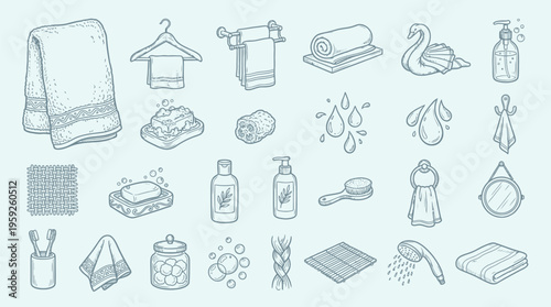 A detailed collection of hand-drawn illustrations depicting various bathroom accessories and hygiene items, presented in a light blue monochrome style.