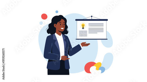 Professional businesswoman presenting creative ideas on a flipchart with a lightbulb icon standing against an abstract backdrop.