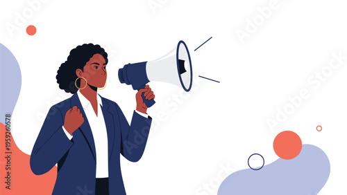 Determined woman in a professional business suit shouting through a megaphone to represent leadership, protest, or advocacy.