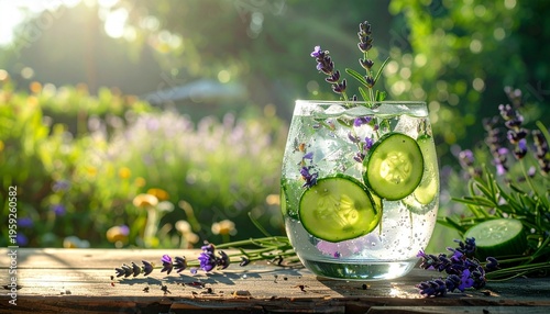 Refreshing Lavender Gin and Tonic Cocktail with Cucumber Slices on a Sunlit Garden Table