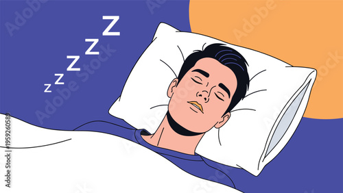 Young man sleeping peacefully in a bed on a white pillow with zzz icons above his head to show deep rest and quiet relaxation.
