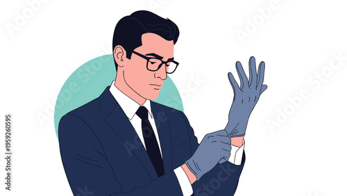 Professional man in a dark suit and glasses putting on a gray protective glove to represent medical or laboratory safety work.