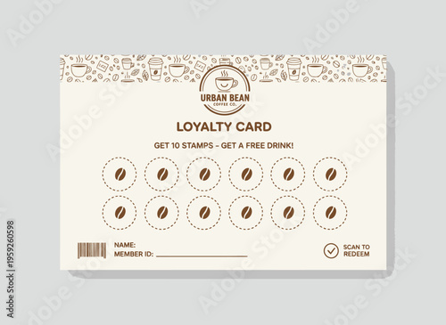 Loyalty card with coffee stamps on a clean design background