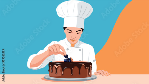Female chef or pastry artist in a white uniform and hat carefully decorating a rich chocolate cake with fresh blueberries.