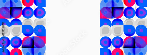 Abstract pattern features repeating circles, blue, pink, gray hues. Minimalist design with white space creates balanced composition.