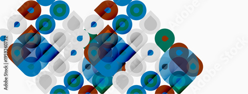 Abstract geometric pattern. Circles overlap, creating layered visual effect. Blue, gray, brown, green hues dominate composition.