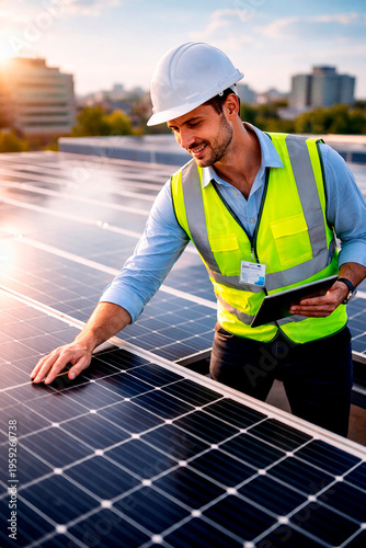 Engineer examining solar panels at rooftop