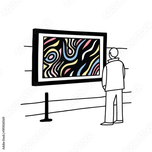 Person looking at abstract painting in a modern art gallery museum.