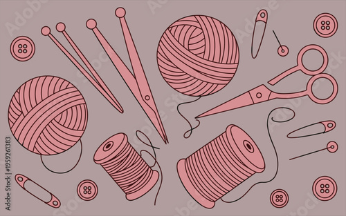 A collection of various pink sewing and knitting tools on a solid background