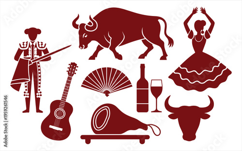 A set of traditional Spanish cultural symbols and icons featuring bullfighter and flamenco dancer