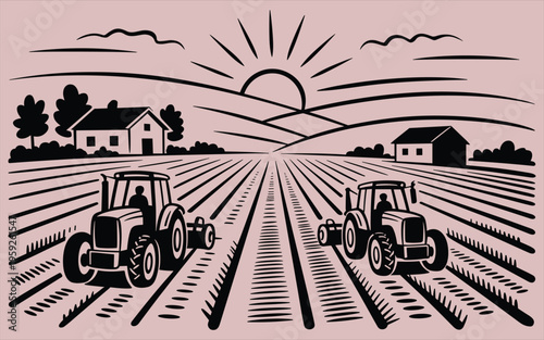 A stylized black and white vector illustration showing two tractors working in agricultural fields