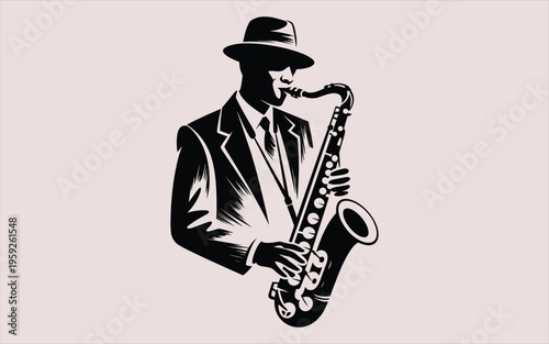 A stylized black and white illustration of a jazz musician playing the saxophone