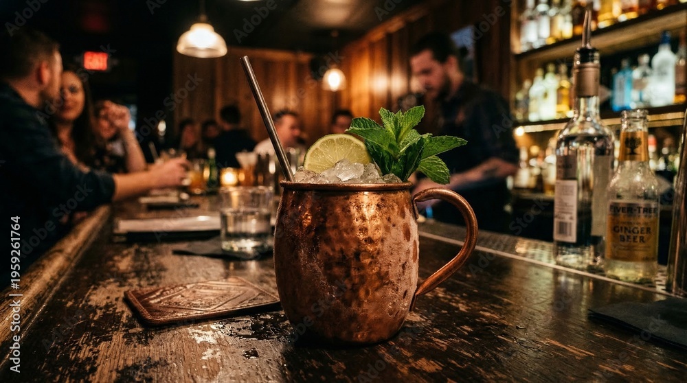 Fototapeta premium Copper mug cocktail with mint and lime on bar counter in pub 