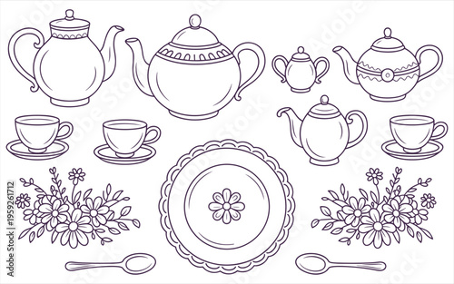 Hand drawn collection of tea pots cups and floral elements for design projects
