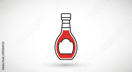 Red sauce bottle with white label on plain background