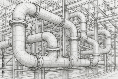 Technical drawing showing large industrial pipeline installation. An intricate sketch of an interconnected pipe network and structural framework creating complex, powerful system
