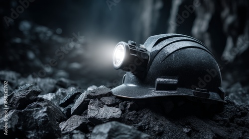 A mining helmet lies on the ground in a dark cave. The attached light shines brightly, illuminating the rocks. This scene depicts the mining industry. Generative AI